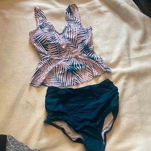 Misassy High Waisted Peplum Swimsuit Set Ruffle Tankini Top Size S